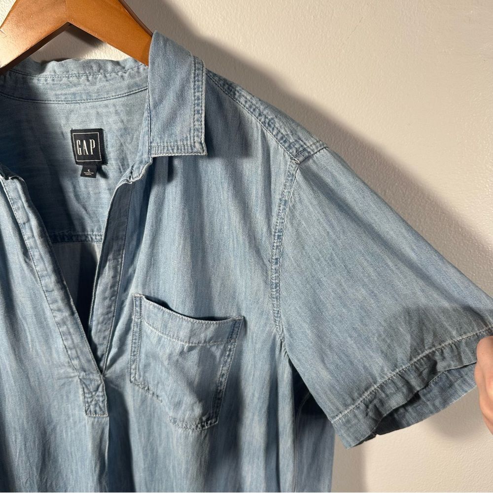 GAP Light Indigo Short Sleeve V-Neck Popover Denim Chambray Dress Size Large - Picture 12 of 13